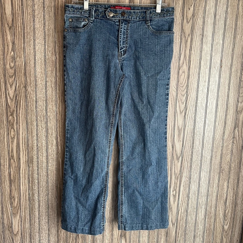 COS y2k Boot Cut Embroidered Rhinestone Cross Back Pocket Denim Blue Jeans